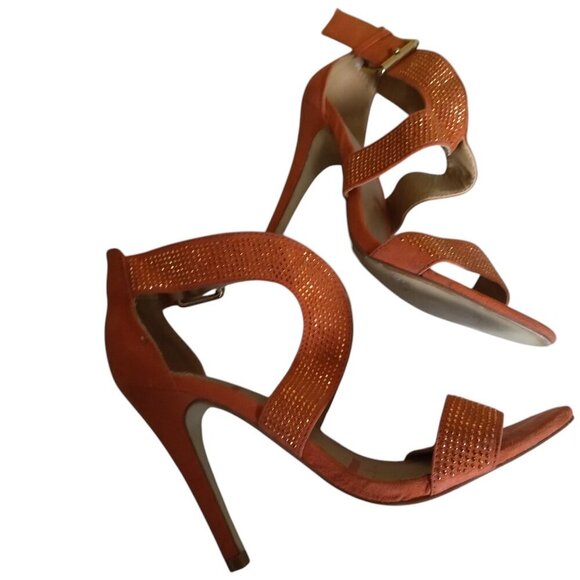 ELLE Women's Size 8 1/2 Open Toe Heels Beaded Ankle Strap Orange Buckle Closure - Picture 8 of 8